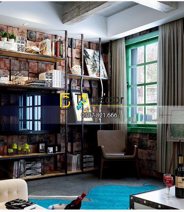 Phòng đọc sách sử dụng Giấy dán tường 3D Giả gỗ có hoa văn phong cách Vintage 3D044.