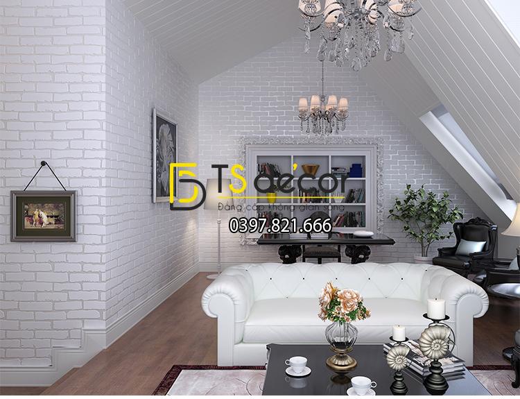 Giấy dán tường 3d họa tiết giả gạch hiện đại màu trắng