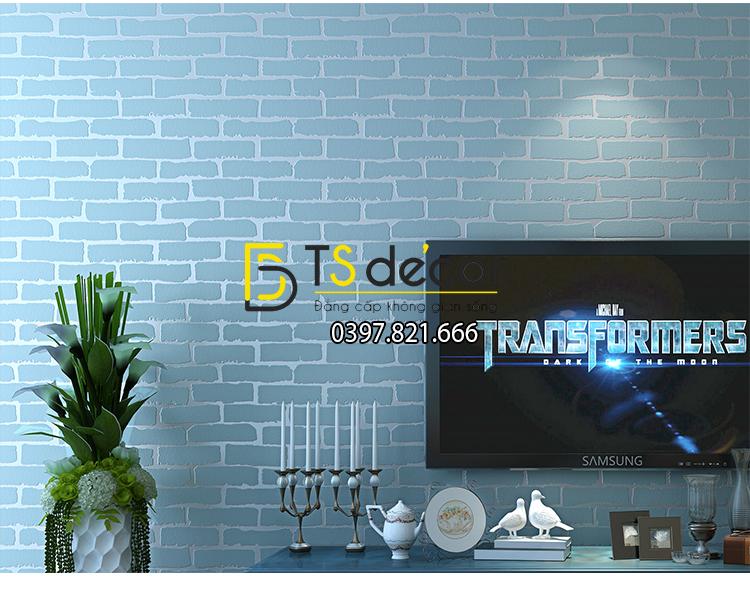 Giấy dán tường 3d họa tiết giả gạch hiện đại màu xanh dương