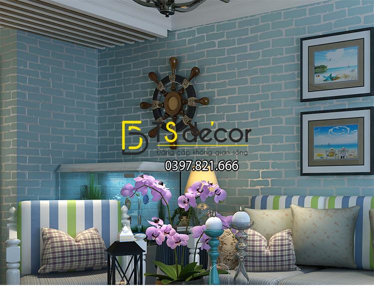 Giấy dán tường 3d họa tiết giả gạch hiện đại màu xanh dương