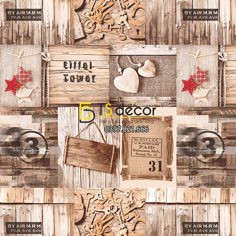 Giấy dán tường họa tiết giả gỗ kiểu retro 3D055 quán cafe sao đỏ