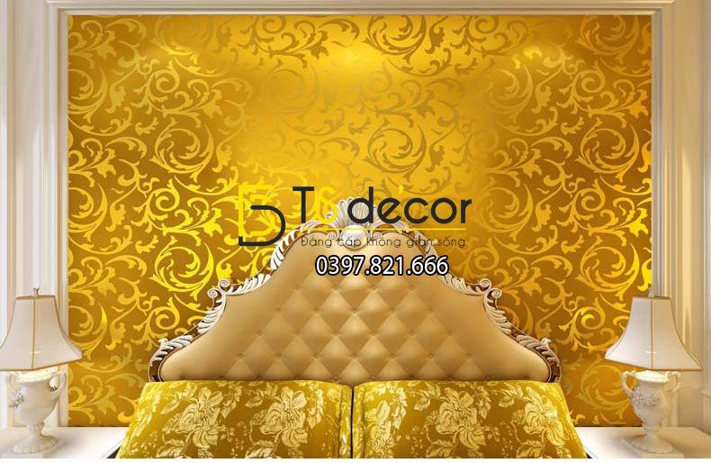 Giấy dán tường 3d hoa văn cách điệu nền hồng hoa văn vàng