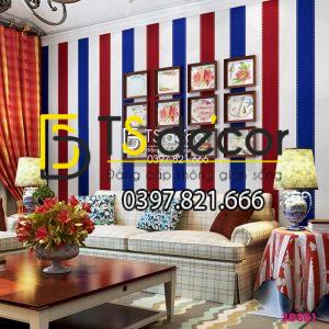 Giấy dán tường caro sọc xanh đỏ 3D301