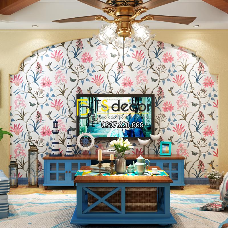 Giấy dán tường vườn hoa và chim 3D057 dán phòng khách