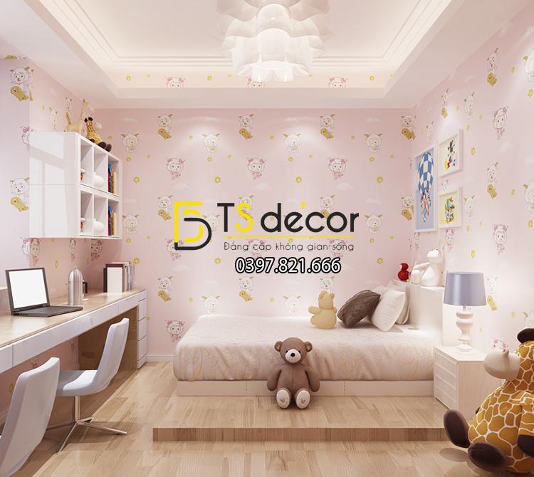 Giấy dán tường 3d họa tiết cừu vui vẻ màu hồng