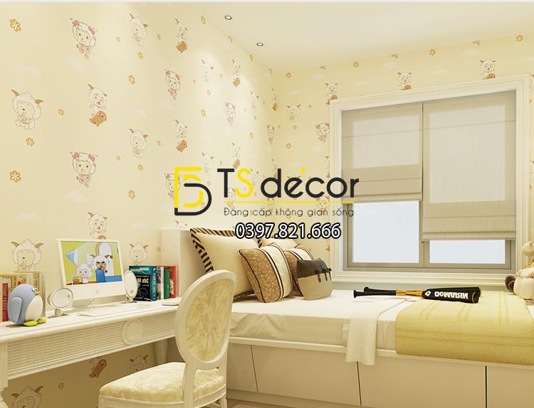 Giấy dán tường 3d họa tiết cừu vui vẻ màu vàng kem