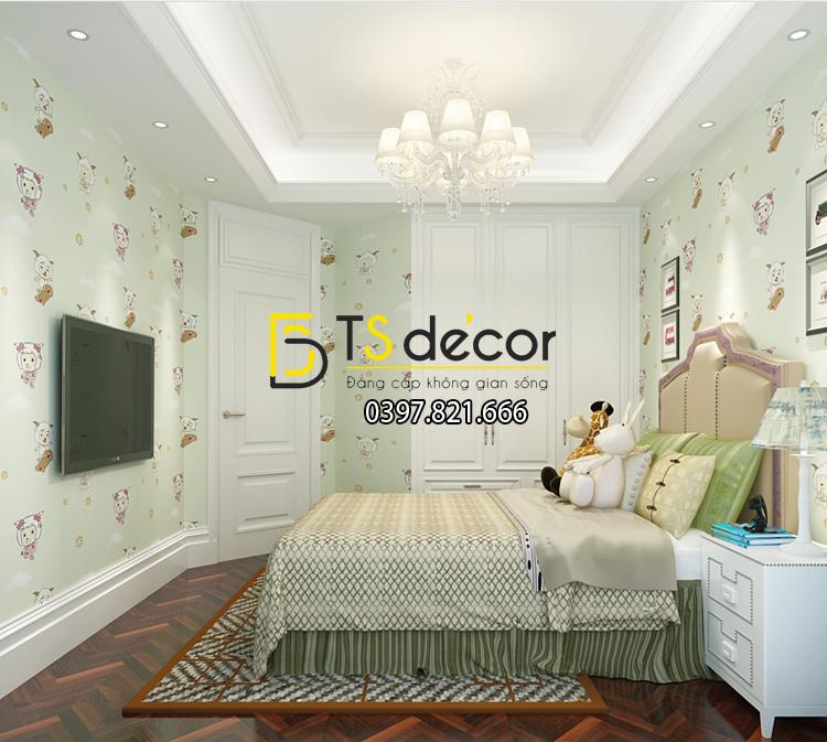 Giấy dán tường 3d họa tiết cừu vui vẻ màu xanh lá