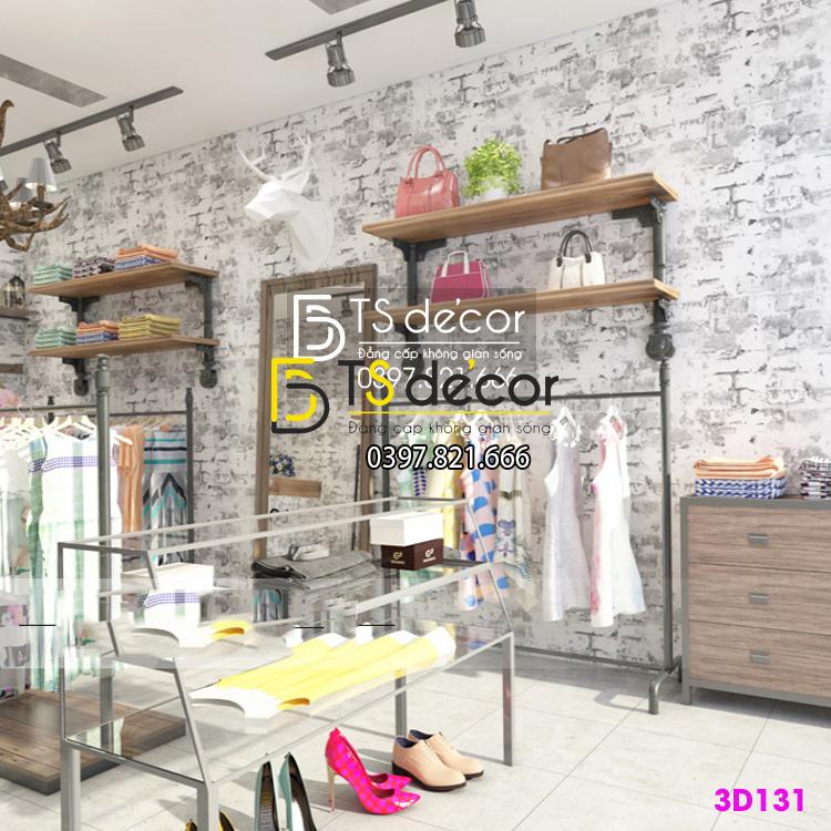 Giấy dán tường giả gạch xám xi măng trang trí shop thời trang