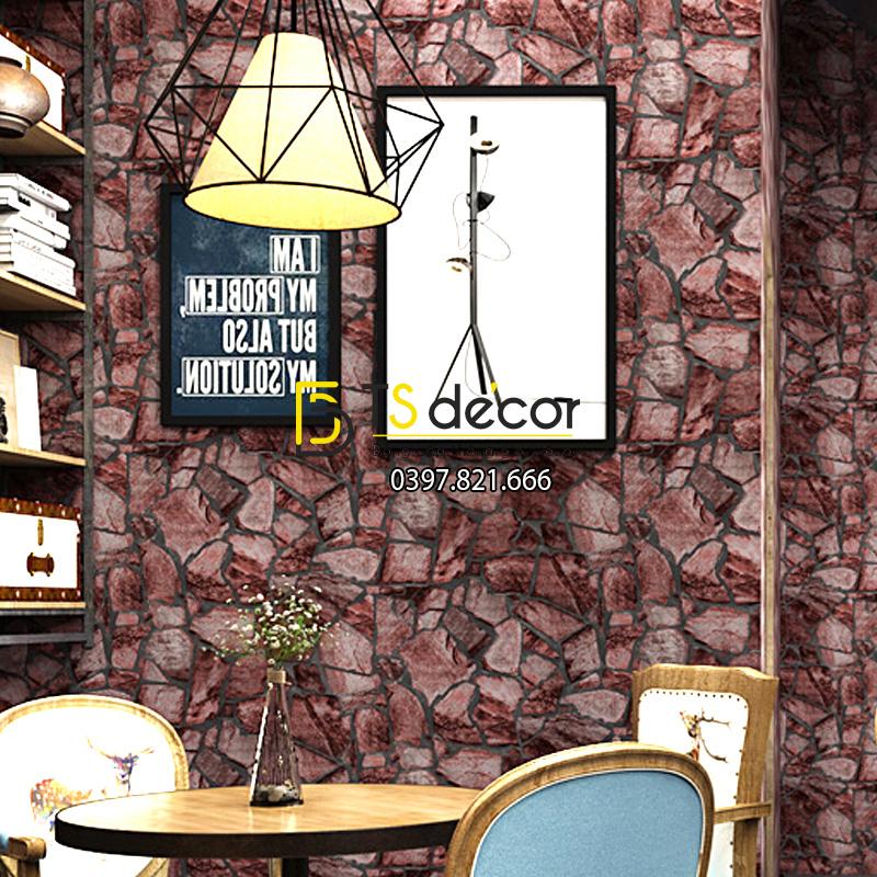 Giấy dán tường giả đá Pattern màu đỏ cho quán cafe 3d127