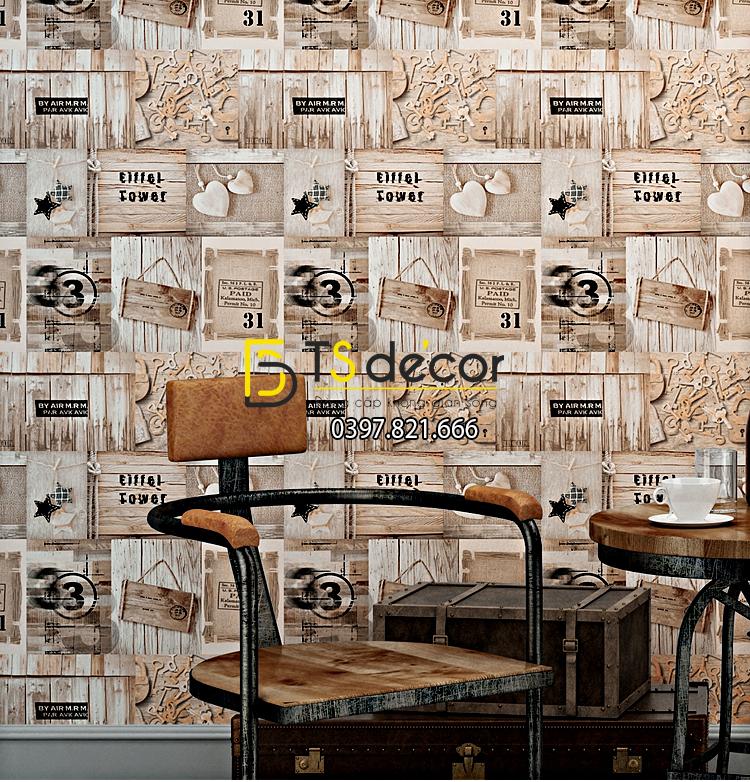 Giấy dán tường họa tiết giả gỗ kiểu retro 3D055 quán cafe