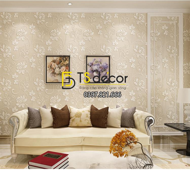 Giấy dán tường 3d họa tiết hoa sen cách điệu kiểu hoa trắng nền vàng kem