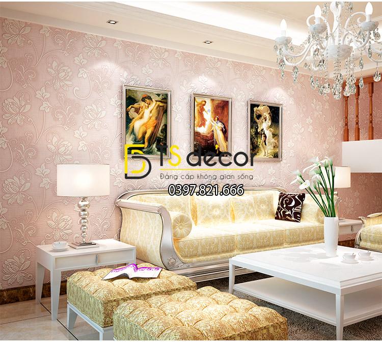 Giấy dán tường 3d họa tiết hoa sen cách điệu kiểu hoa trắng nền hồng