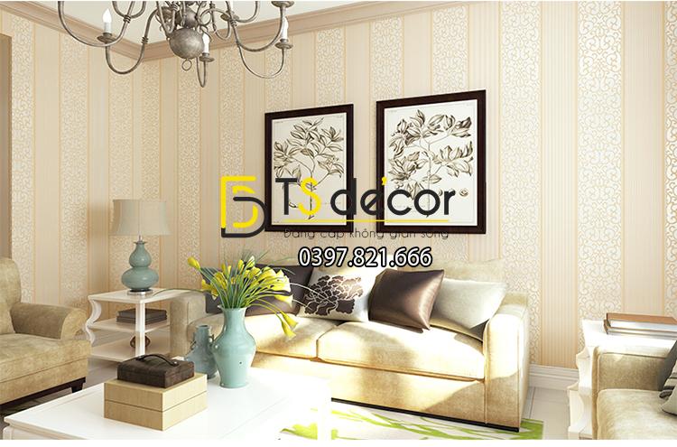 Giấy dán tường 3d hoa văn sọc dọc dập nổi màu vàng kem