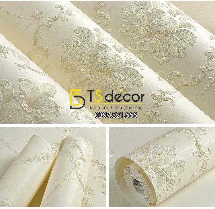 Giấy dán tường 3d hoa dập nổi kiểu Mỹ Damascus – Màu be
