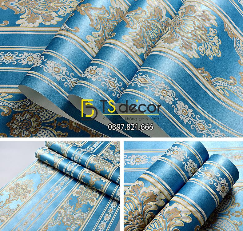Giấy dán tường hoa dập nổi cổ điển 3D221 màu xanh