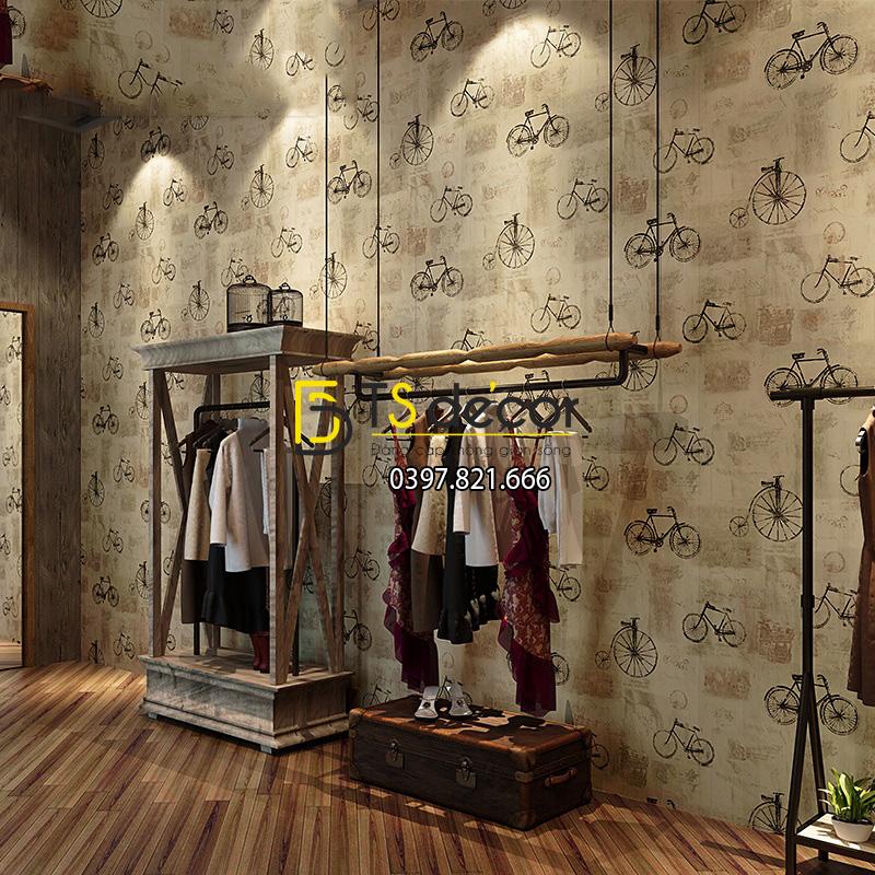 Giấy dán tường họa tiết xe đạp 3D172 trang trí shop thời trang