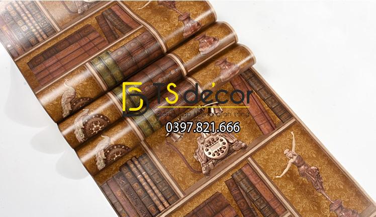 Giay dan tuong ke sach co 3D252 mau nau 20053