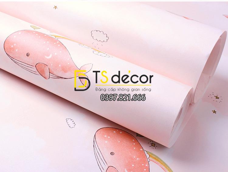 Bề mặt Giấy dán tường cá heo dolphin và mây 3D134 màu hồng