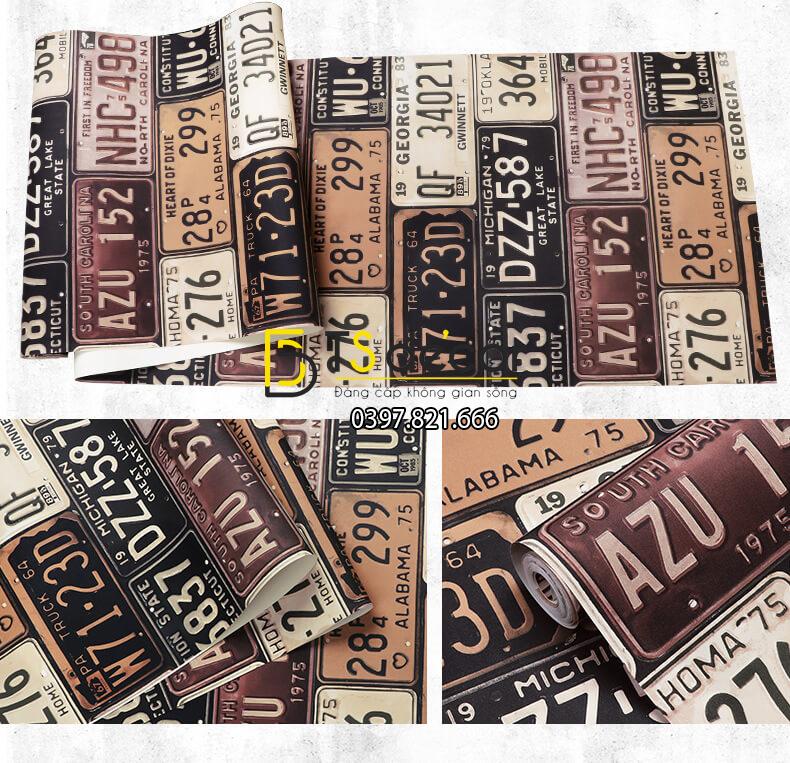 Bề mặt Giấy dán tường họa tiết biển số xe cho quán cafe trà sữa 3D307 màu nhạt