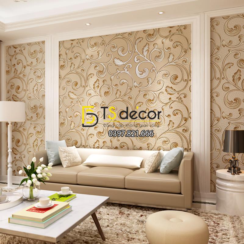 Giấy dán tường lá sen móc hoa 3D150 màu cà phê