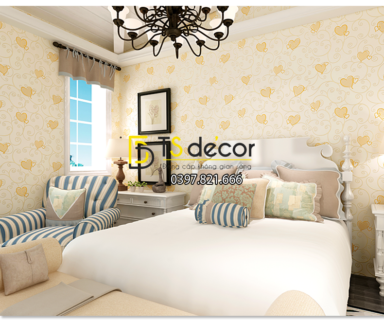 Giấy Dán Tường Họa Tiết Trái Tim 3D075 màu vàng