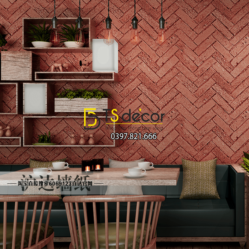 Giấy dán tường giả gạch chéo 3D061 màu đỏ gạch