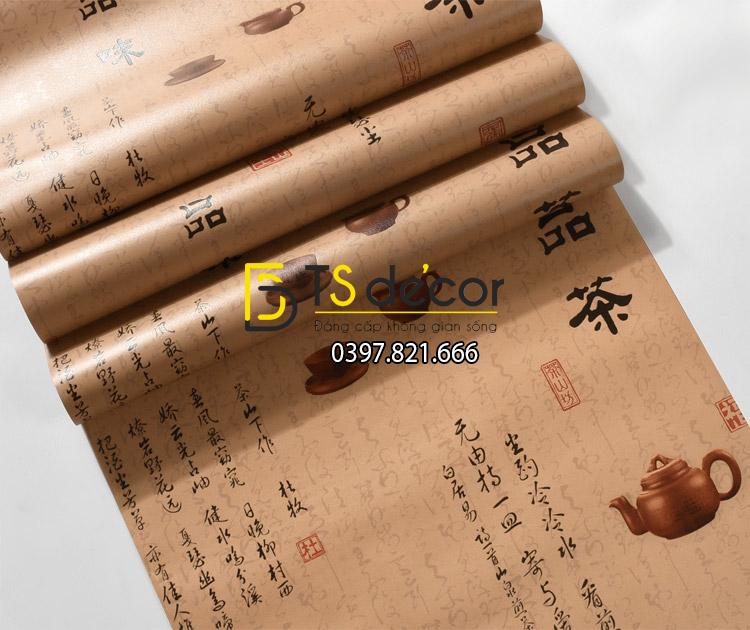 Bề mặt Giấy dán tường ấm trà thư pháp trung quốc 3D096 màu cà phê