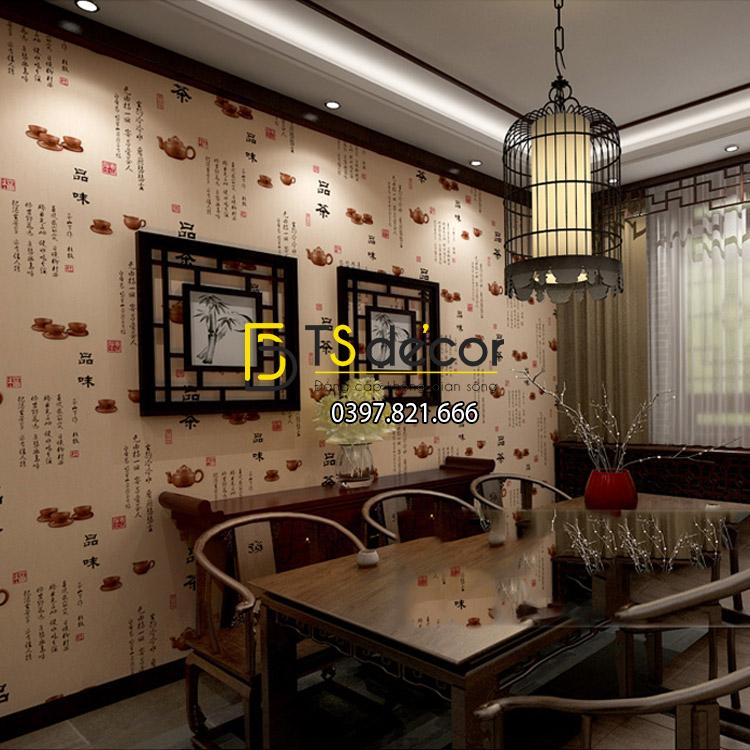 Giấy dán tường ấm trà thư pháp trung quốc 3D096 màu be nhẹ nhàng