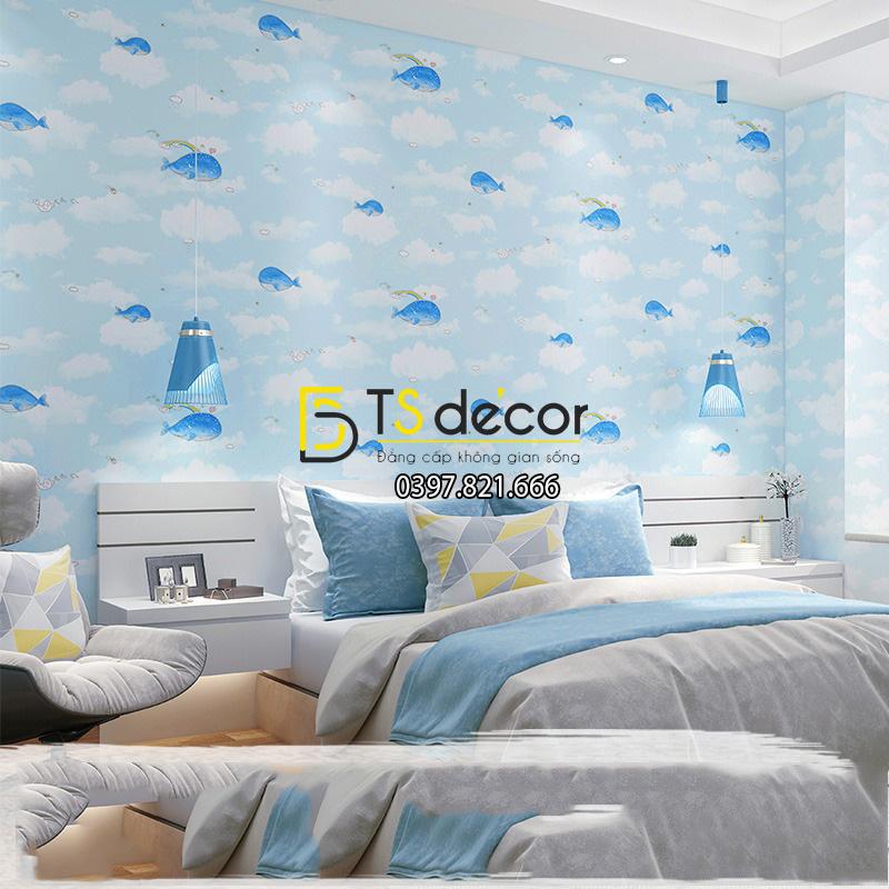 Giấy dán tường cá heo dolphin và mây 3D134 màu xanh