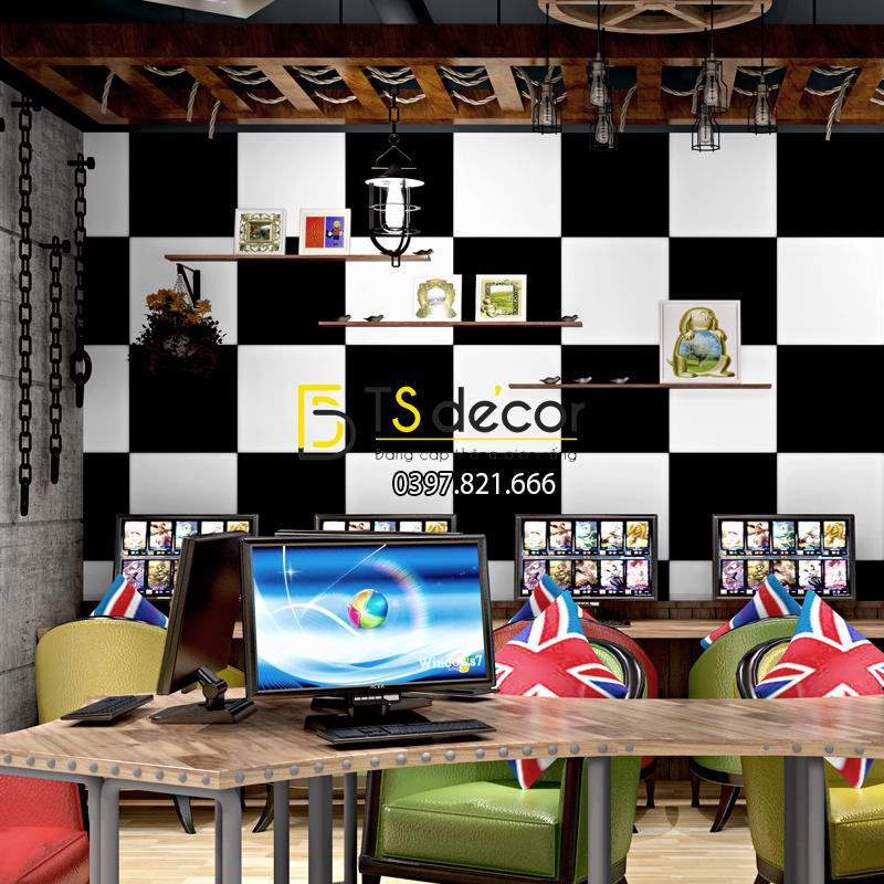 Giay dan tuong caro o vuong trang den 3D243 trang tri quan game