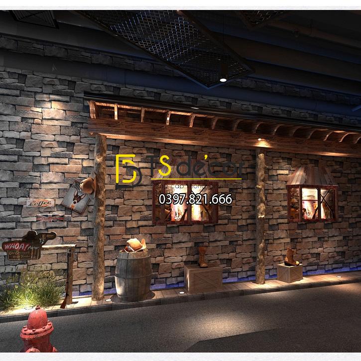 Giấy dán tường giả đá retro cho nhà hàng 3D164 màu nâu xám