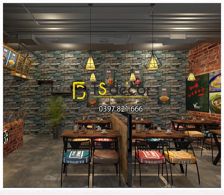 Giấy dán tường giả đá retro cho quàn coffee 3D164 màu xanh