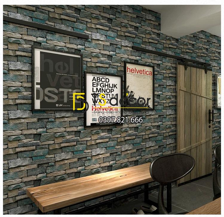 Giấy dán tường giả đá retro cho nhà hàng 3D164 màu xanh