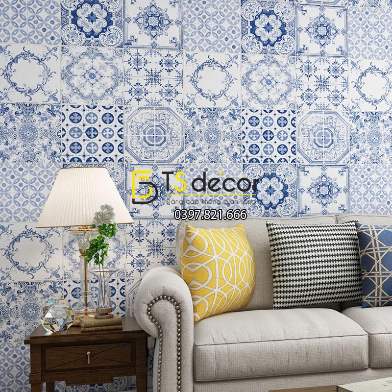 Giấy dán tường giả gạch bông men sư 3D231 màu xanh