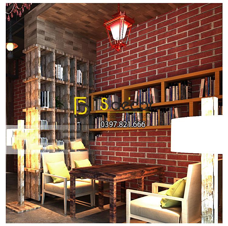 Giấy dán tường giả gạch đỏ 3D191 trang trí quán cafe sách