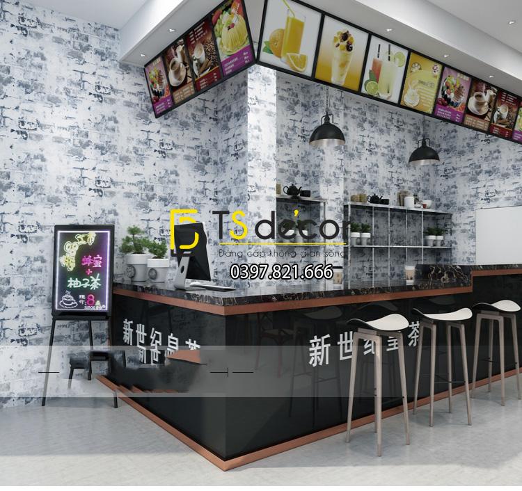 Giấy dán tường giả gạch xám xi măng trang trí quán cafe