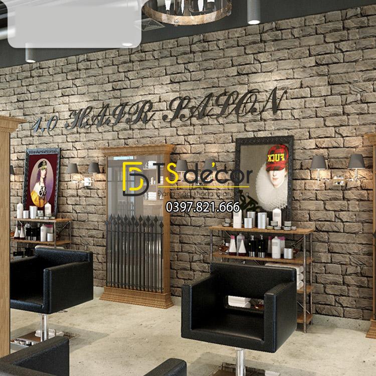 Giấy dán tường giả gạch cho salon tóc 3D094 màu nâu trang trí salon tóc