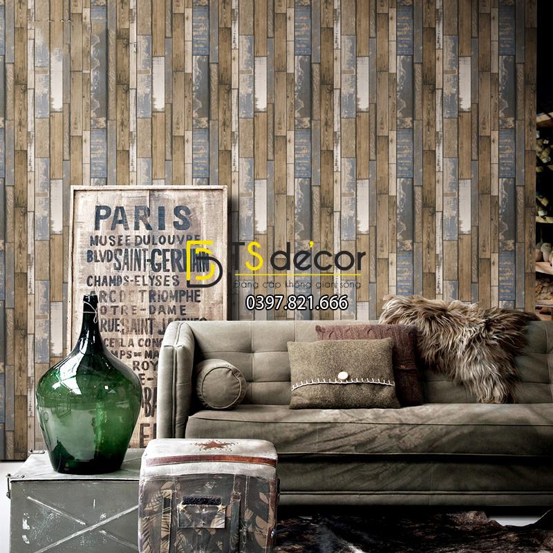 Giấy dán tường giả gỗ cho quán cà phê tiệm tóc 3D147 màu đậm
