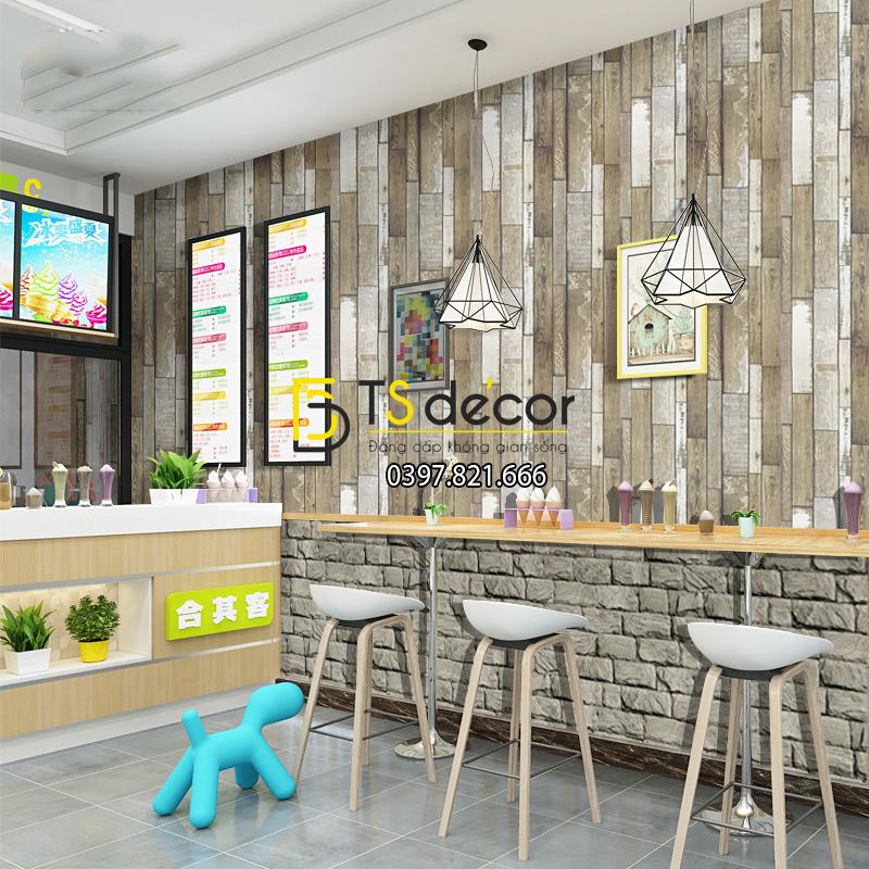 Giấy dán tường giả gỗ cho quán cà phê 3D147 màu nhạt