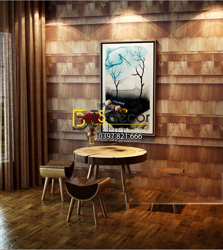 Giấy dán tường giả gỗ xếp lớp 3D115 trang trí quán coffee kết hợp nội thất gỗ