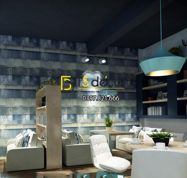 Giấy dán tường giả gỗ xếp lớp màu xanh trang trí quán trà sữa, cà phê