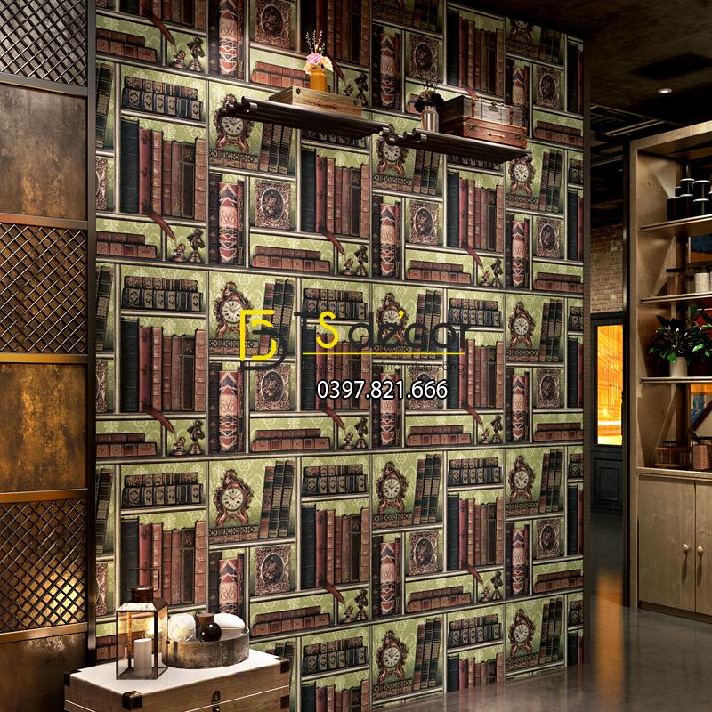 Giấy dán tường giả kệ sách cổ điển 3D240 trang trí quán cafe