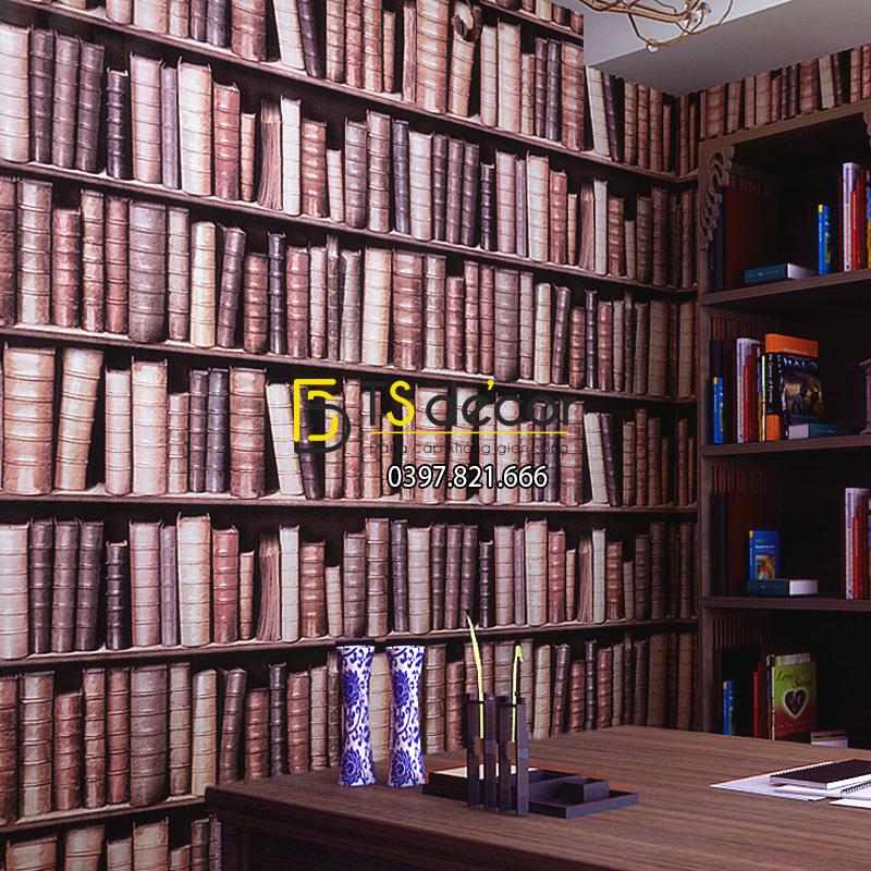 Giấy dán tường giả tủ kệ sách màu tím 3D189 trang trí phòng làm việc