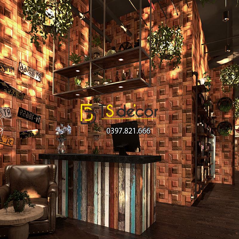 Giấy dán tường giả ụ gỗ nâu 3D234 trang trí quán cafe