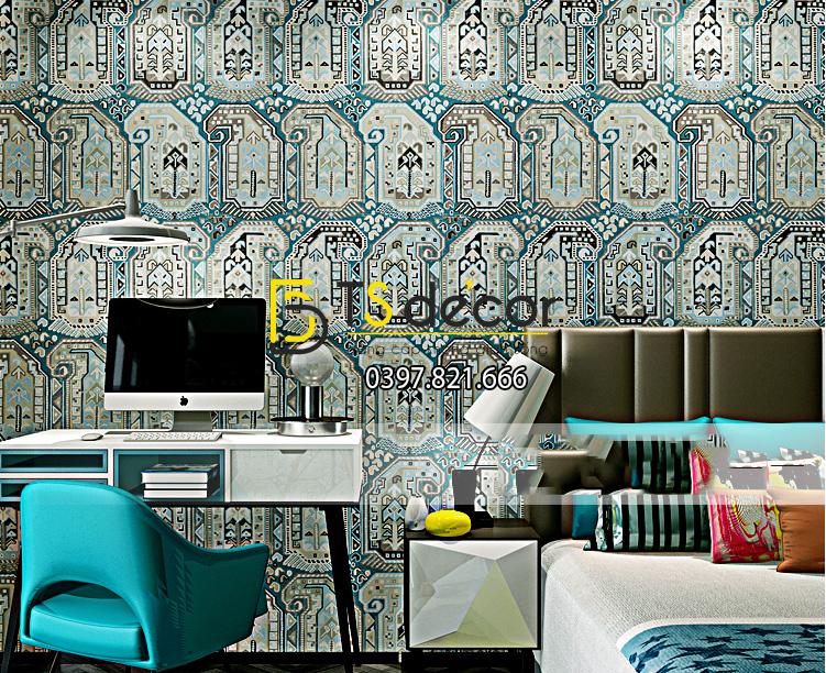 Giấy dán tường giả gạch Bohemian Tây Tạng độc đáo 3D208 màu xanh nhạt phòng ngủ