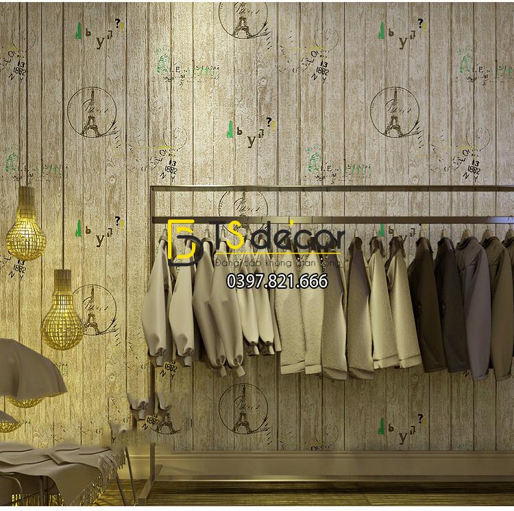 Giay dan tuong go xam hoa tiet con dau thap eiffel 3D250 – 88703A dán shop quần áo