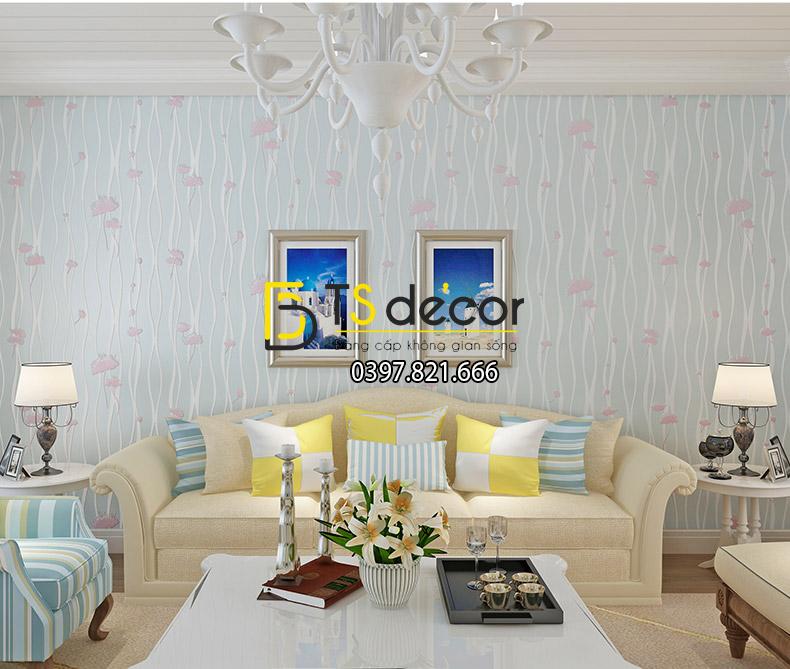Giấy dán tường hoa bồ công anh màu xanh da trời trang trí phòng khách