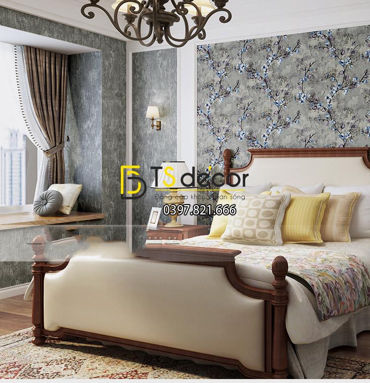 Giấy dán tường hoa cổ phong cách retro 3D090 màu xám tại phòng ngủ