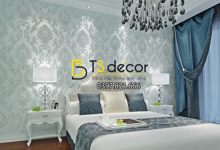 Giấy dán tường hoa cổ điển dập nổi 3D212 màu xanh