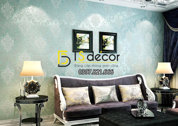 Giấy dán tường hoa cổ điển sang trọng 3D219 màu xanh